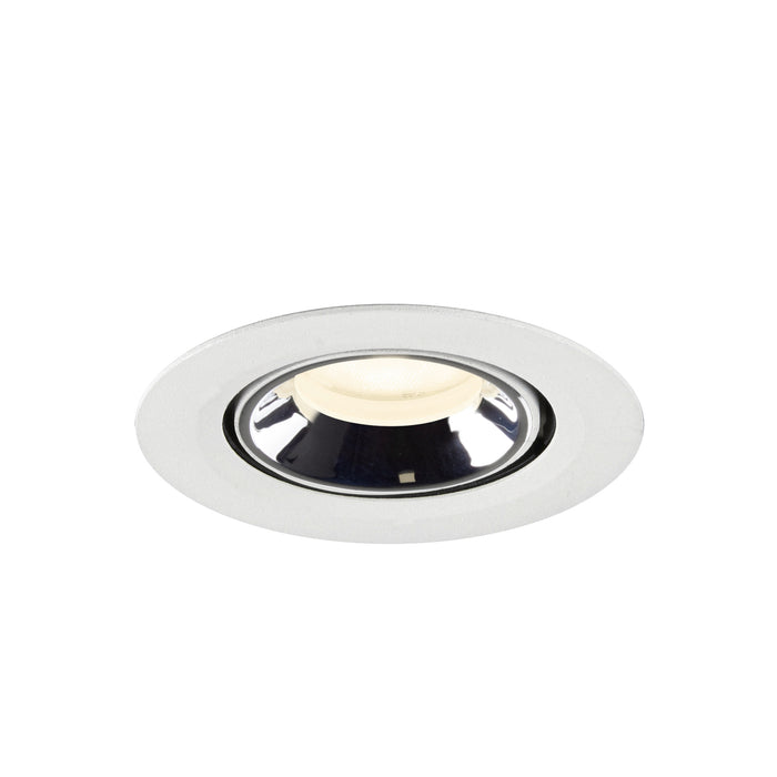 Recessed ceiling light fixture in white metal with a polished chrome reflector and warm white LED bulb.