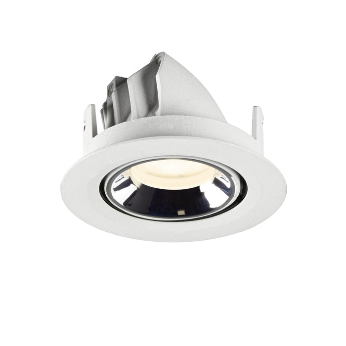 Recessed ceiling light fixture in white metal finish with a chrome reflector, designed for flush mounting.