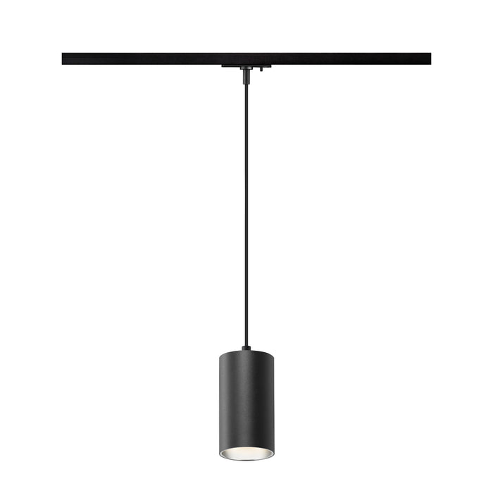 Black track lighting fixture with cylindrical aluminum pendant, matte finish.