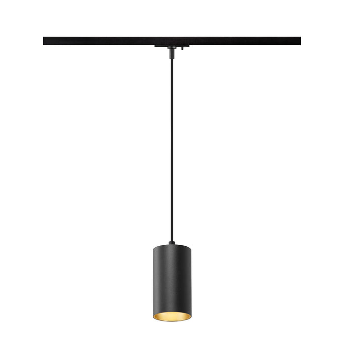 Black aluminum cylinder pendant light fixture, track mounted.