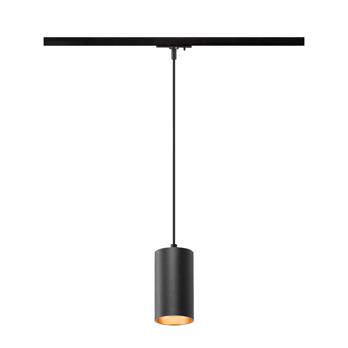 Black cylinder pendant light fixture, track mounted.