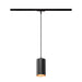 Black cylinder pendant light fixture, track mounted.