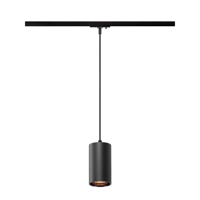 Black cylinder pendant light fixture, track mounted.
