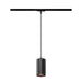 Black cylinder pendant light fixture, track mounted.