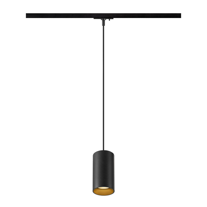 Black cylinder pendant light fixture with gold interior, track mounted.