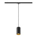 Black cylinder pendant light fixture with gold interior, track mounted.