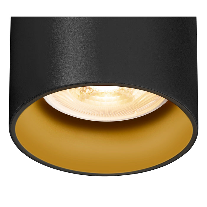 Metal ceiling light fixture, textured black exterior, gold interior.