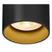 Metal ceiling light fixture, textured black exterior, gold interior.