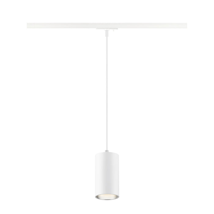White cylinder pendant light fixture, metal, matte finish, track mounted.