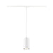 White cylinder pendant light fixture, metal, matte finish, track mounted.