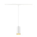 White metal cylinder pendant light fixture with gold interior, track mounted.