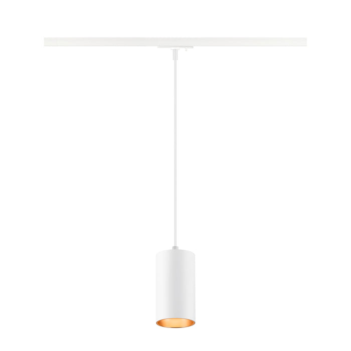 White metal track lighting pendant with cylindrical shade and gold interior.