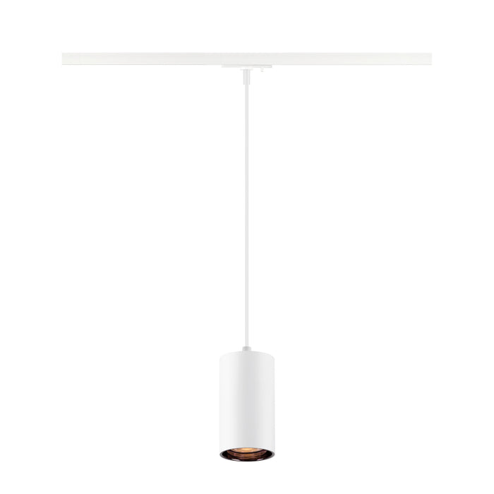 White cylinder pendant light fixture, metal, matte finish, track mounted.