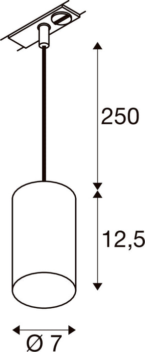Technical drawing of a ceiling-mounted pendant light fixture with dimensions.