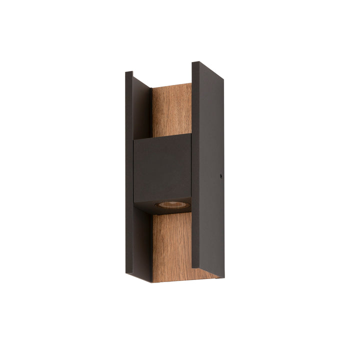 Modern wall-mounted light fixture with a dark bronze finish metal frame and wood paneling.
