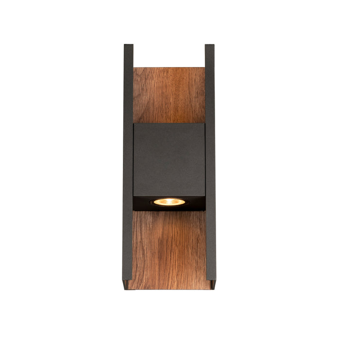 Wood and black metal wall sconce lighting fixture.
