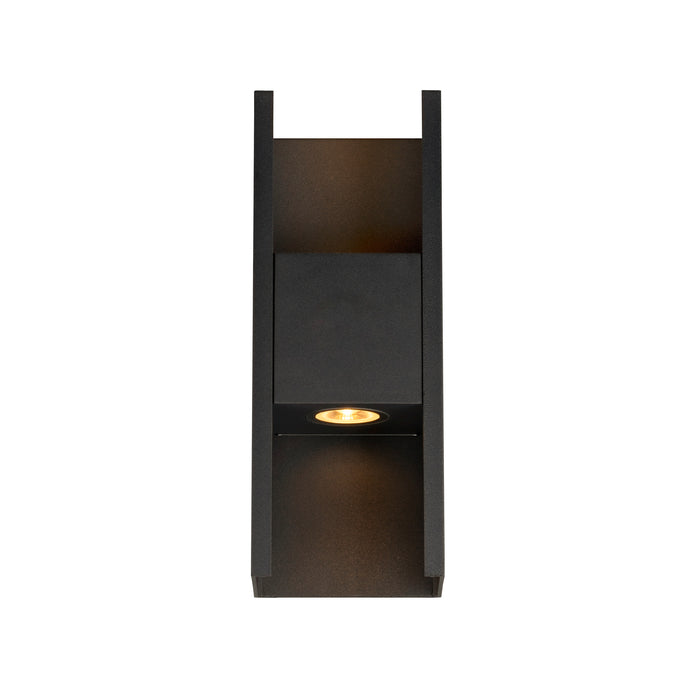 Modern black metal wall-mounted up and down light fixture.