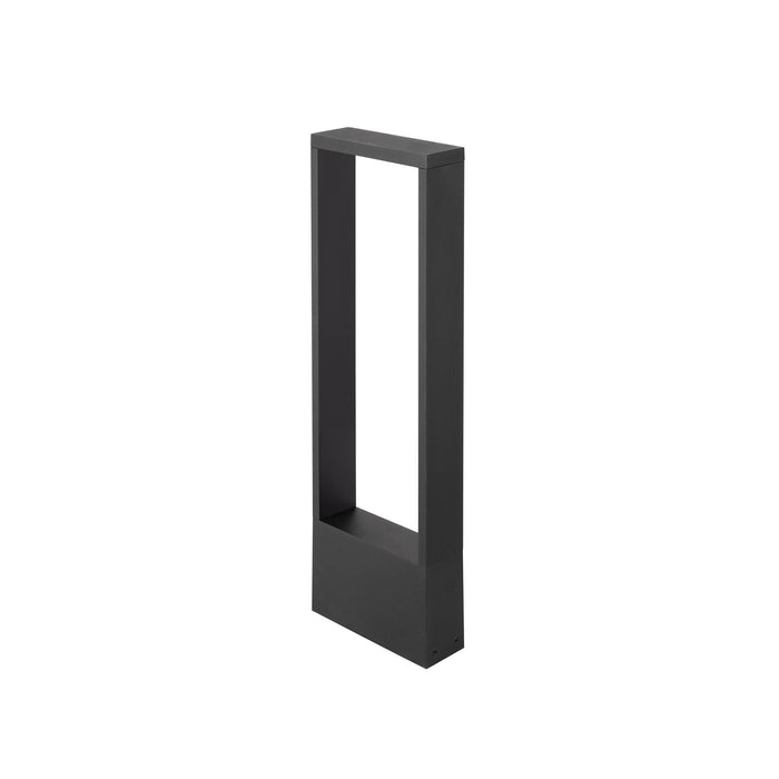 Modern black aluminum bollard light with a textured finish, ground mounted.