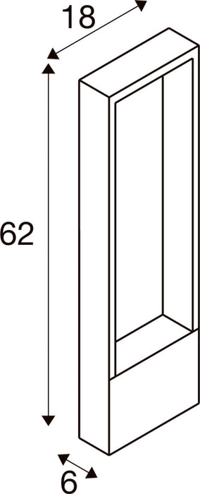 Technical drawing of a rectangular wall-mounted shelf with dimensions 62x18x6.