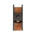 Wood and black metal wall sconce with integrated sensor.