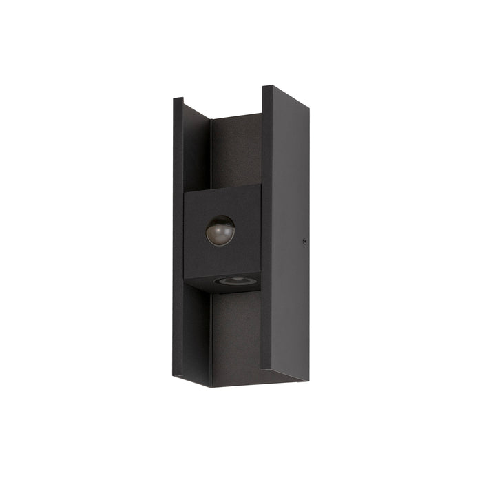 Black metal wall-mounted up and down light fixture with textured finish.