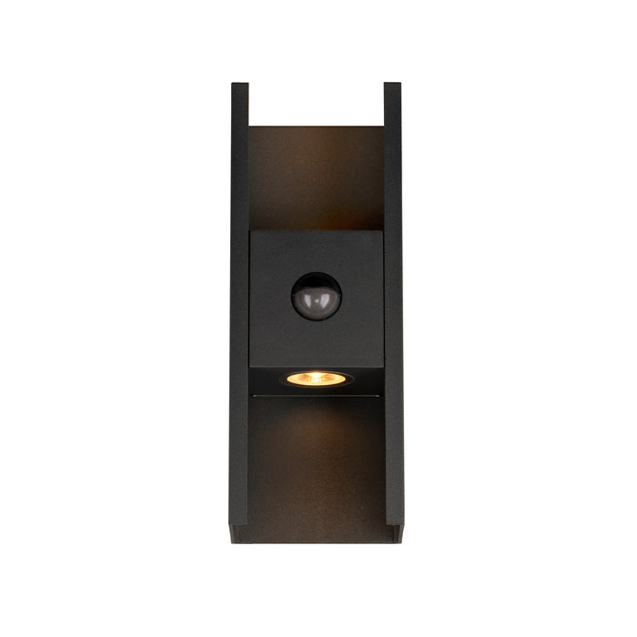 Black metal wall-mounted light fixture with textured finish.