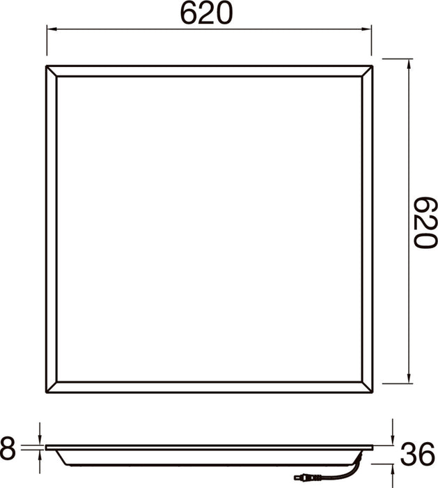 Square LED panel light dimensions, 620x620mm, 8-36mm thickness.