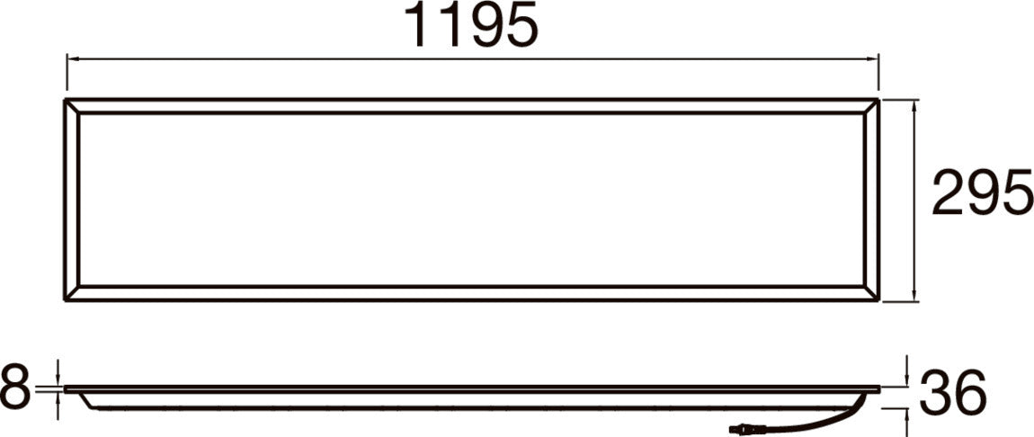 Technical drawing of a rectangular LED panel light fixture with dimensions.