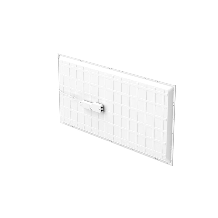 Back of a white, rectangular LED panel light with a grid pattern and surface mounting.