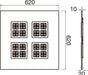 Technical drawing of a square recessed light fixture with four square LED arrays, dimensions included.
