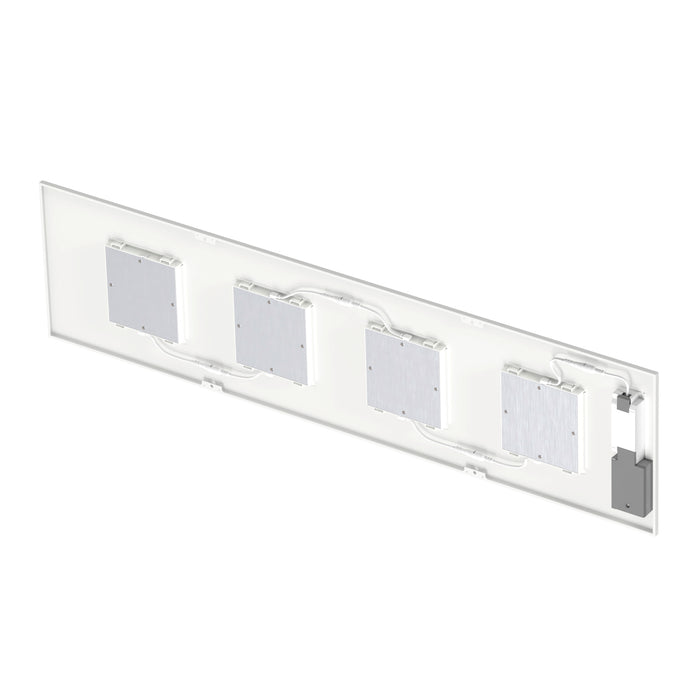 White LED vanity light with four brushed aluminum panels, surface mounted.