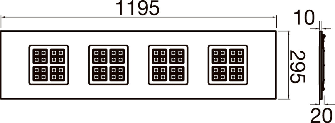 Technical drawing of a rectangular, recessed LED ceiling light with four square light modules and dimensions.
