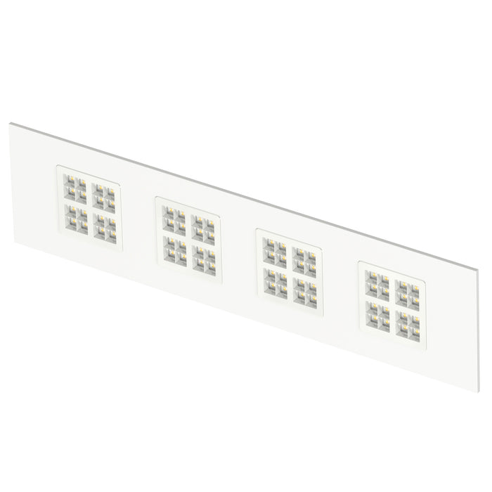 White recessed LED ceiling light fixture with four square arrays.