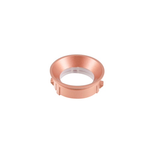 Metal recessed lighting trim ring, brushed copper finish.
