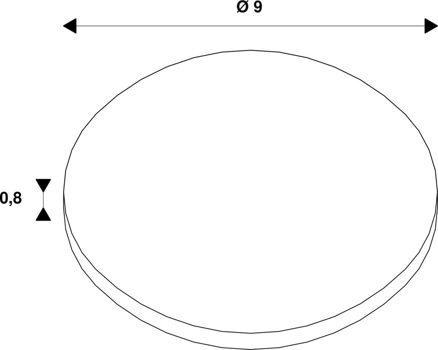 Technical drawing of a round, white cover with dimensions 9 x 0.8.