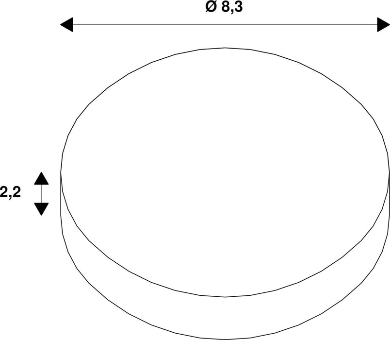 Technical drawing of a white round object with dimensions 8.3 and 2.2.