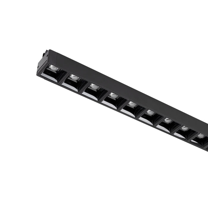 Black track lighting fixture with multiple recessed LED spots.