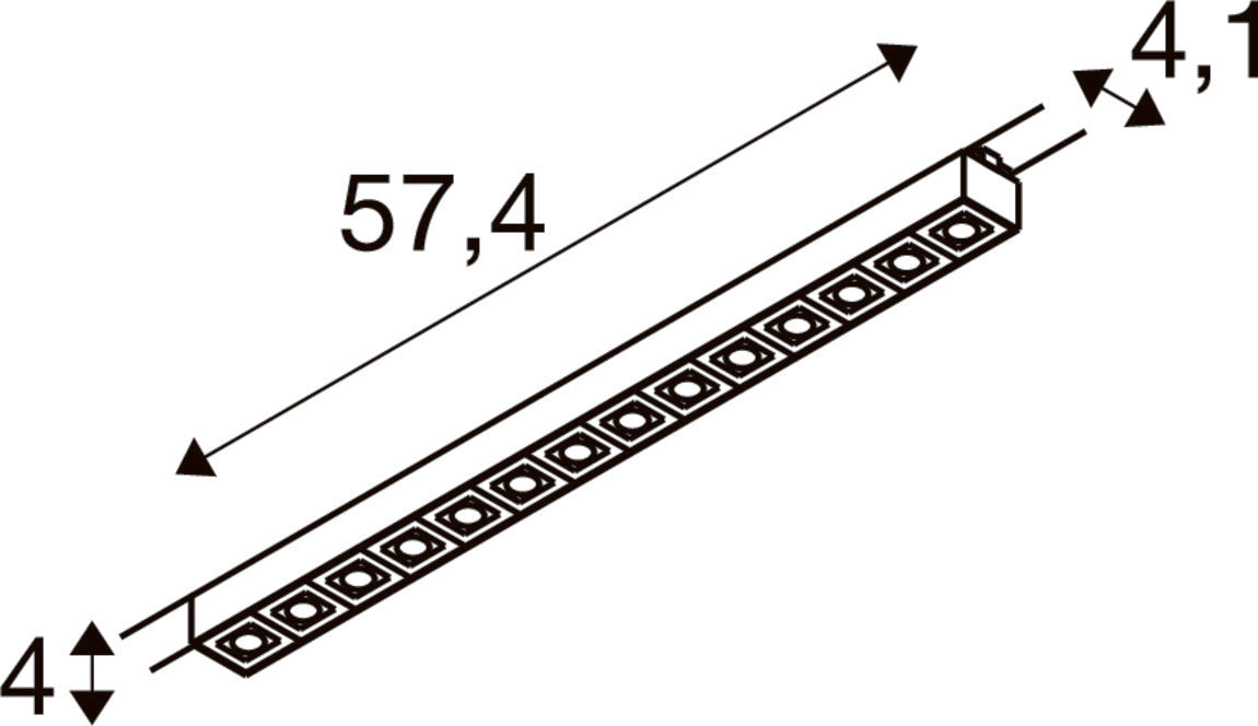 Technical drawing of a linear LED light fixture with dimensions.