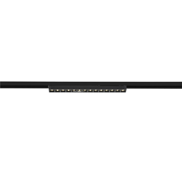 Black track lighting fixture with multiple LED spotlights.