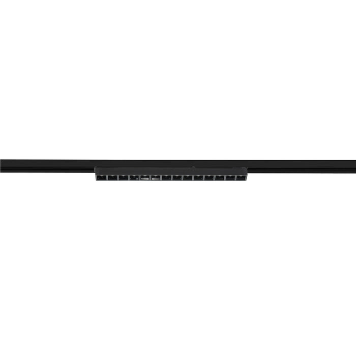Black track lighting fixture, surface mounted.