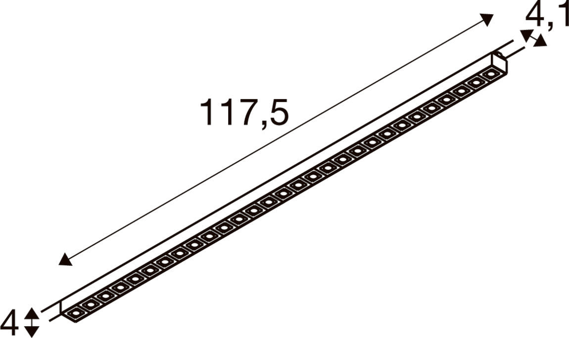 Technical drawing of a linear LED light fixture, dimensions 117.5 x 4 x 4.1, surface mount.