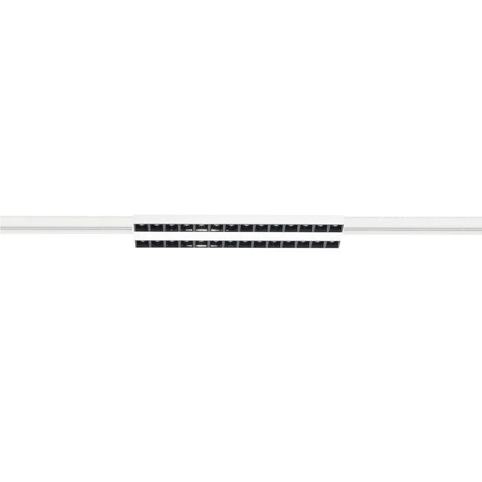 White track lighting fixture with black recessed lights, surface mounted.