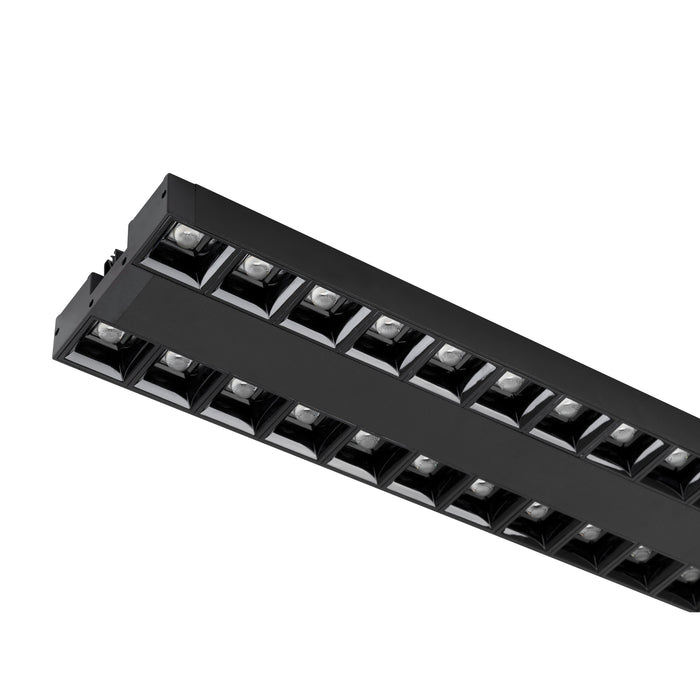Black aluminum track lighting fixture with recessed LED lamps.
