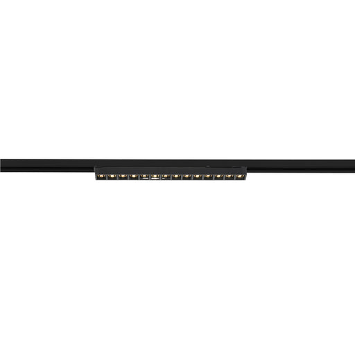 Black track lighting fixture with multiple LED spotlights, track mounted.