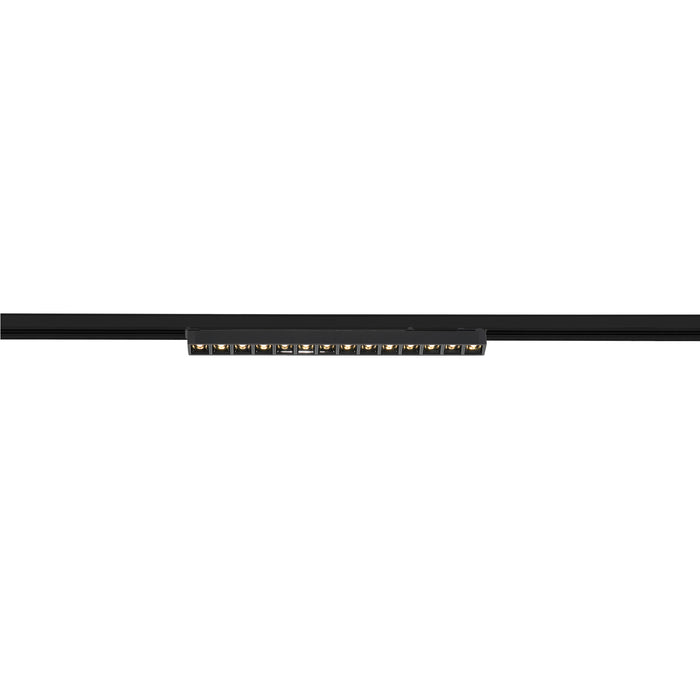 Black track lighting fixture with multiple LED spotlights, track mounted.