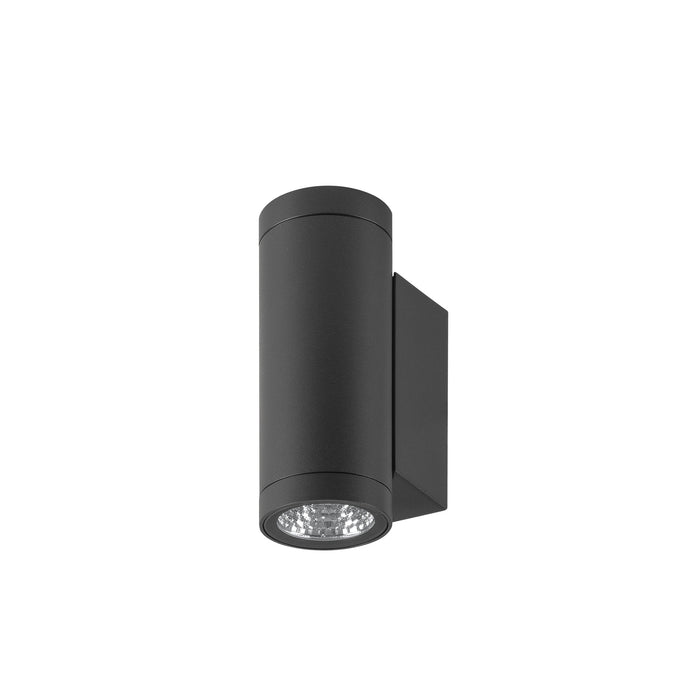 Black cylindrical outdoor wall light fixture.