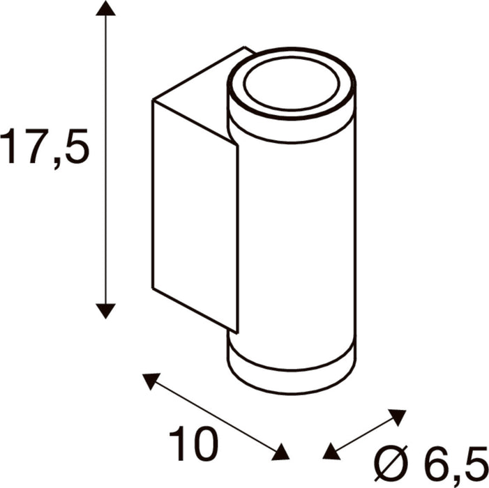 Technical drawing of a cylindrical wall-mounted light fixture with dimensions.
