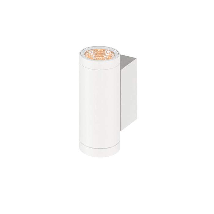 White cylindrical metal wall light fixture.