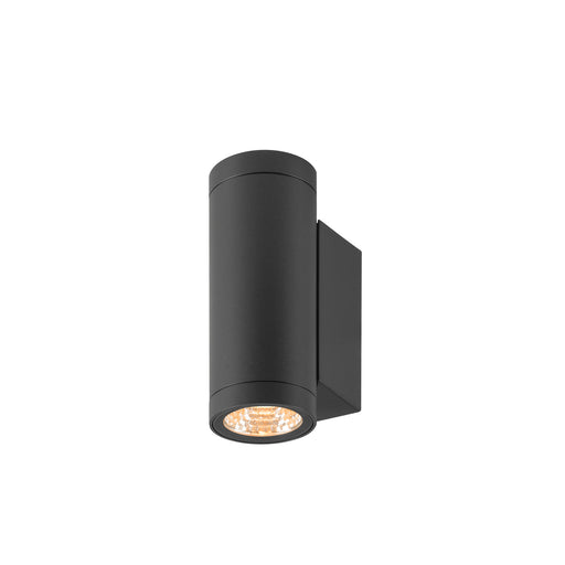 Black aluminum wall-mounted cylinder light fixture.