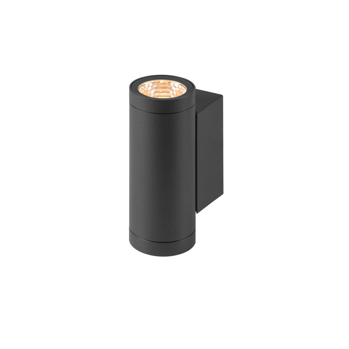 Black aluminum wall-mounted cylinder light fixture.